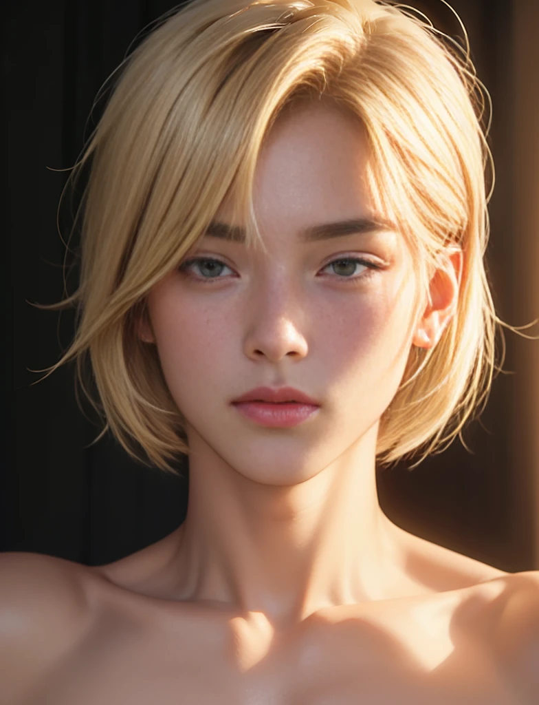 One girl, Blonde Short Hair, photograph, Realistic, Highest quality, Detailed face, Realistic eyes, Droopy eyes, Thick lips, High nose, Erect nipples, View from the shoulders up, There's little headroom,