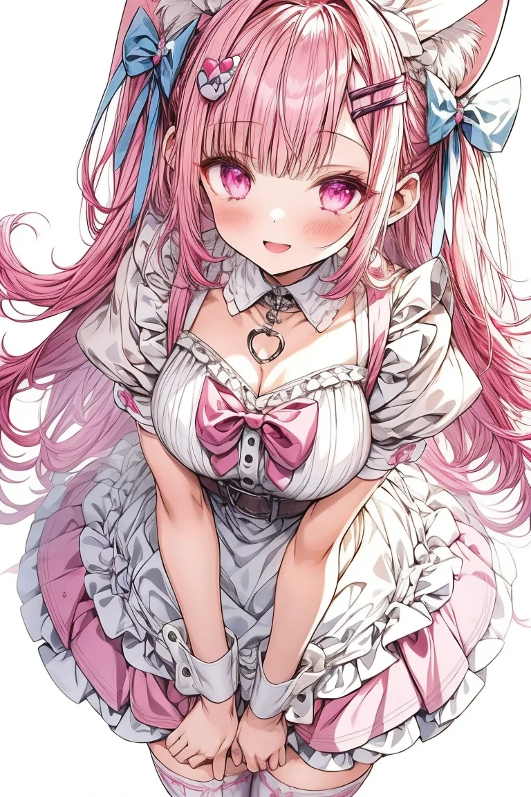 1 girl,solo,sakuna,pink hair,animal ears,maid headdress,thigh highs,puffy short sleeves,cat like ears,dress,apron, white apron,long hair,two side up,light blue bow,hair ornament,puffy sleeves,short sleeves,pink dress,wrist cuffs,pink bow,sakuna,sakunaXL,yuuki sakuna,(masterpiece,best quality,very aesthetic,ultra detailed), (Ultra-detailed, Expressive brilliance,Glitter,Glowing Eyes),Highly detailed eyes,intricate details,pink heart background