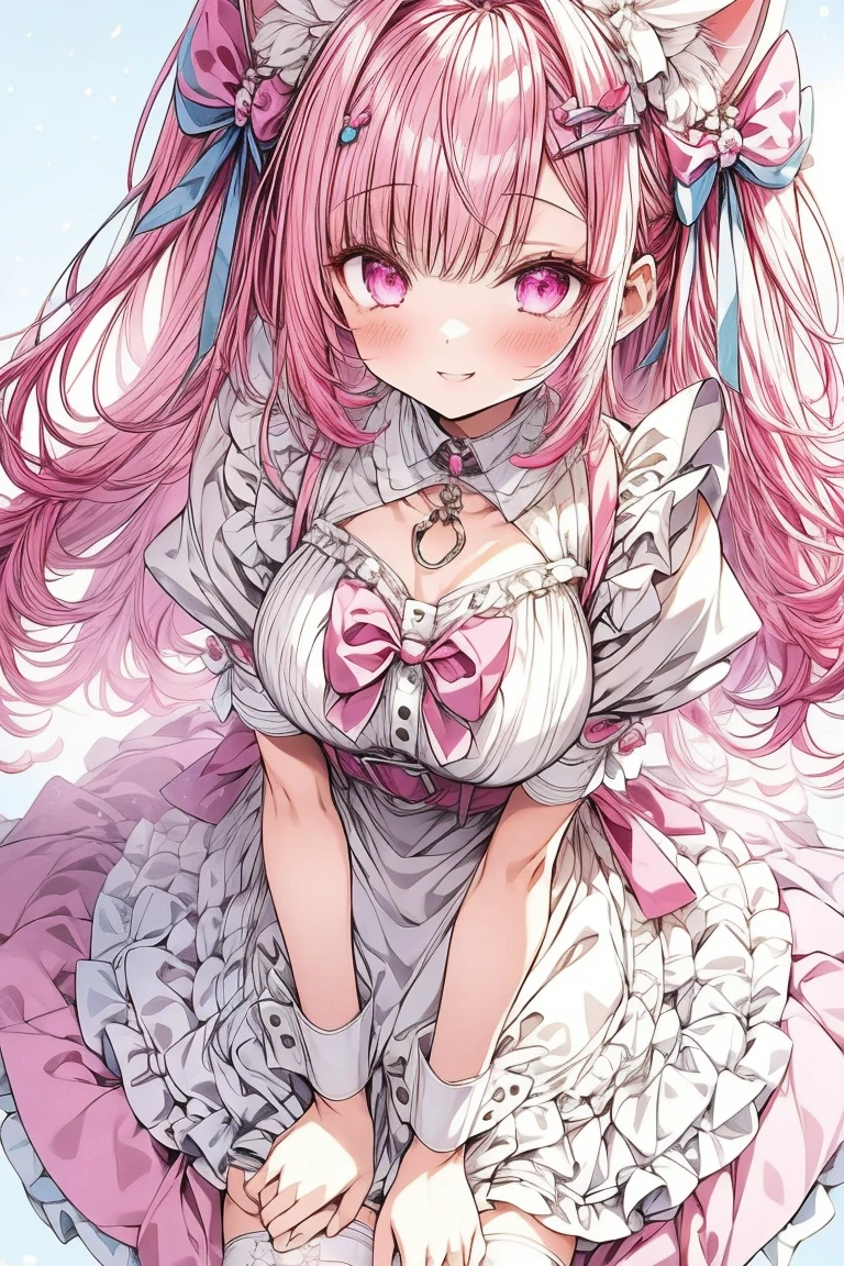 1 girl,solo,sakuna,pink hair,animal ears,maid headdress,thigh highs,puffy short sleeves,cat like ears,dress,apron, white apron,long hair,two side up,light blue bow,hair ornament,puffy sleeves,short sleeves,pink dress,wrist cuffs,pink bow,sakuna,sakunaXL,yuuki sakuna,(masterpiece,best quality,very aesthetic,ultra detailed), (Ultra-detailed, Expressive brilliance,Glitter,Glowing Eyes),Highly detailed eyes,intricate details,pink heart background