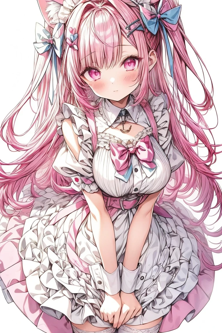 1 girl,solo,sakuna,pink hair,animal ears,maid headdress,thigh highs,puffy short sleeves,cat like ears,dress,apron, white apron,long hair,two side up,light blue bow,hair ornament,puffy sleeves,short sleeves,pink dress,wrist cuffs,pink bow,sakuna,sakunaXL,yuuki sakuna,(masterpiece,best quality,very aesthetic,ultra detailed), (Ultra-detailed, Expressive brilliance,Glitter,Glowing Eyes),Highly detailed eyes,intricate details,pink heart background