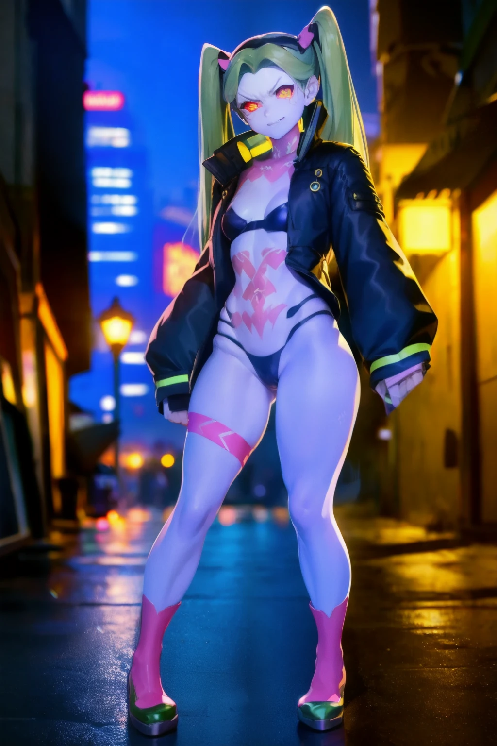 absurdres, highres, ultra detailed, rebecca, solo, green hair, red sclera, pink tattoo, purple lips, twintails, hairband, headgear, black jacket,  open clothes, (((Hot body, Camel toes))) , looking at viewer, angry face , city, night sexy . Pantie black  , long socks. Standing front. 