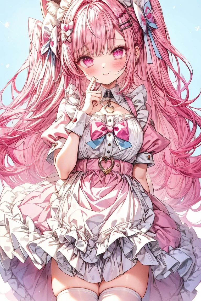 1 girl,solo,sakuna,pink hair,animal ears,maid headdress,thigh highs,puffy short sleeves,cat like ears,dress,apron, white apron,long hair,two side up,light blue bow,hair ornament,puffy sleeves,short sleeves,pink dress,wrist cuffs,pink bow,sakuna,sakunaXL,yuuki sakuna,(masterpiece,best quality,very aesthetic,ultra detailed), (Ultra-detailed, Expressive brilliance,Glitter,Glowing Eyes),Highly detailed eyes,intricate details,pink heart background