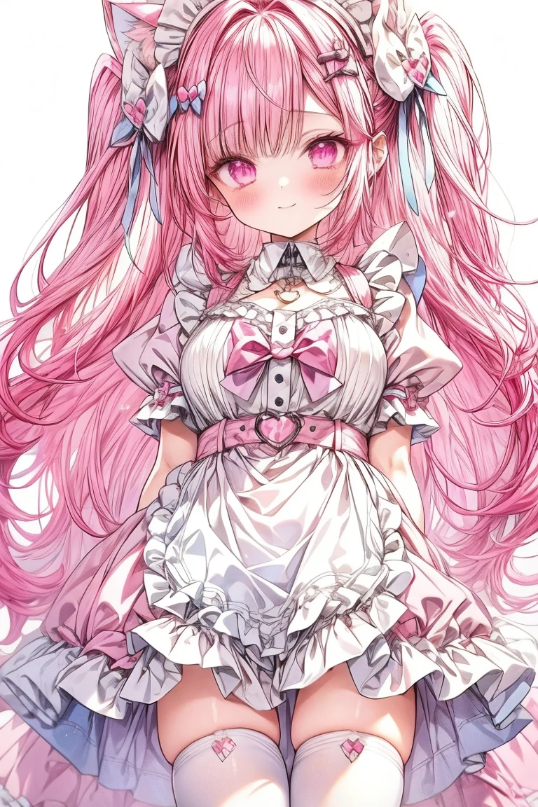 1 girl,solo,sakuna,pink hair,animal ears,maid headdress,thigh highs,puffy short sleeves,cat like ears,dress,apron, white apron,long hair,two side up,light blue bow,hair ornament,puffy sleeves,short sleeves,pink dress,wrist cuffs,pink bow,sakuna,sakunaXL,yuuki sakuna,(masterpiece,best quality,very aesthetic,ultra detailed), (Ultra-detailed, Expressive brilliance,Glitter,Glowing Eyes),Highly detailed eyes,intricate details,pink heart background