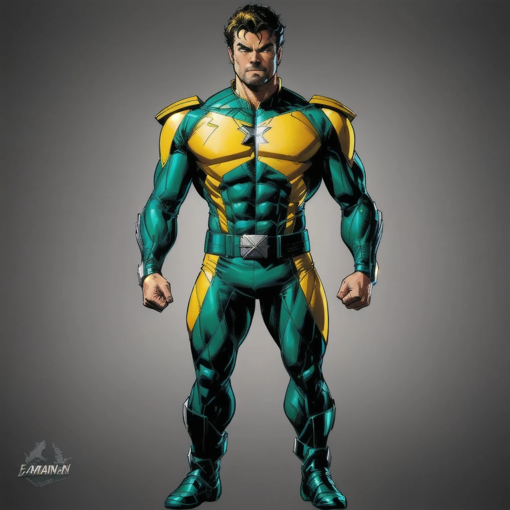 a man in a green and yellow costume standing with his hands on his hips, Captain Brazil, yellow x-man costume, x-man costume, x man costume, comic book character, inspired by John Romita Jr, 90s comic book character design, male full body organic armor, john romita senior, superhero body, comic character, karl urban as wolverine, marvel character