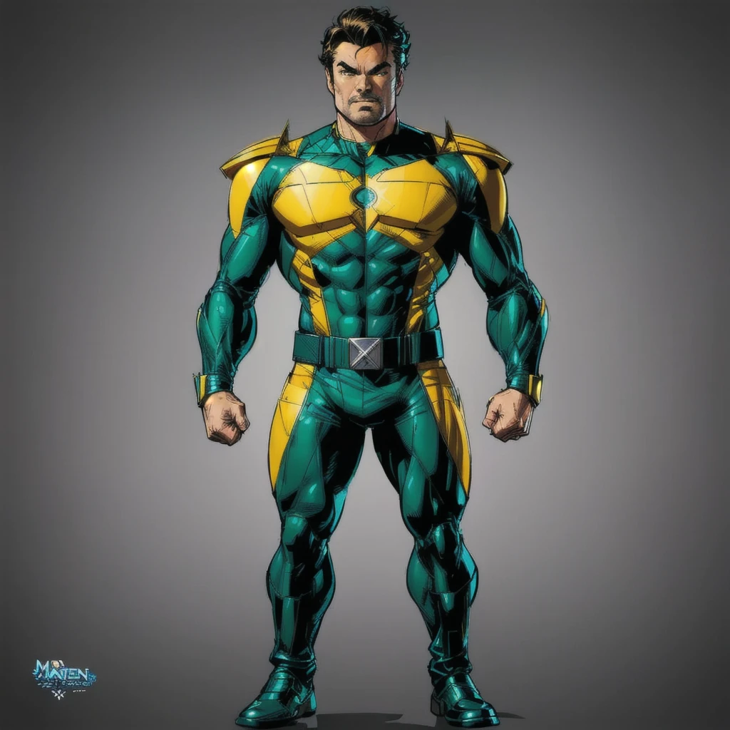 a man in a green and yellow costume standing with his hands on his hips, Captain Brazil, yellow x-man costume, x-man costume, x man costume, comic book character, inspired by John Romita Jr, 90s comic book character design, male full body organic armor, john romita senior, superhero body, comic character, karl urban as wolverine, marvel character