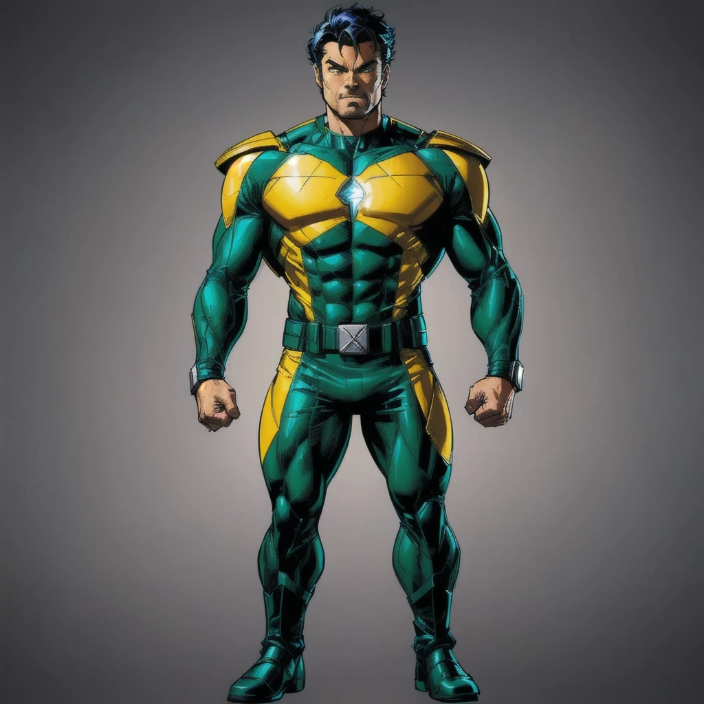 a man in a green and yellow costume standing with his hands on his hips, Captain Brazil, yellow x-man costume, x-man costume, x man costume, comic book character, inspired by John Romita Jr, 90s comic book character design, male full body organic armor, john romita senior, superhero body, comic character, karl urban as wolverine, marvel character