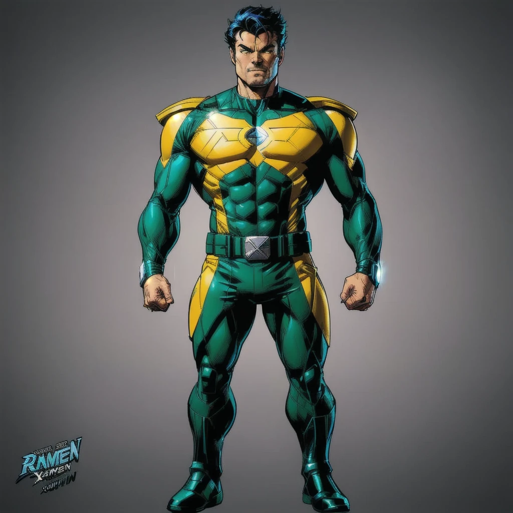 a man in a green and yellow costume standing with his hands on his hips, Captain Brazil, yellow x-man costume, x-man costume, x man costume, comic book character, inspired by John Romita Jr, 90s comic book character design, male full body organic armor, john romita senior, superhero body, comic character, karl urban as wolverine, marvel character