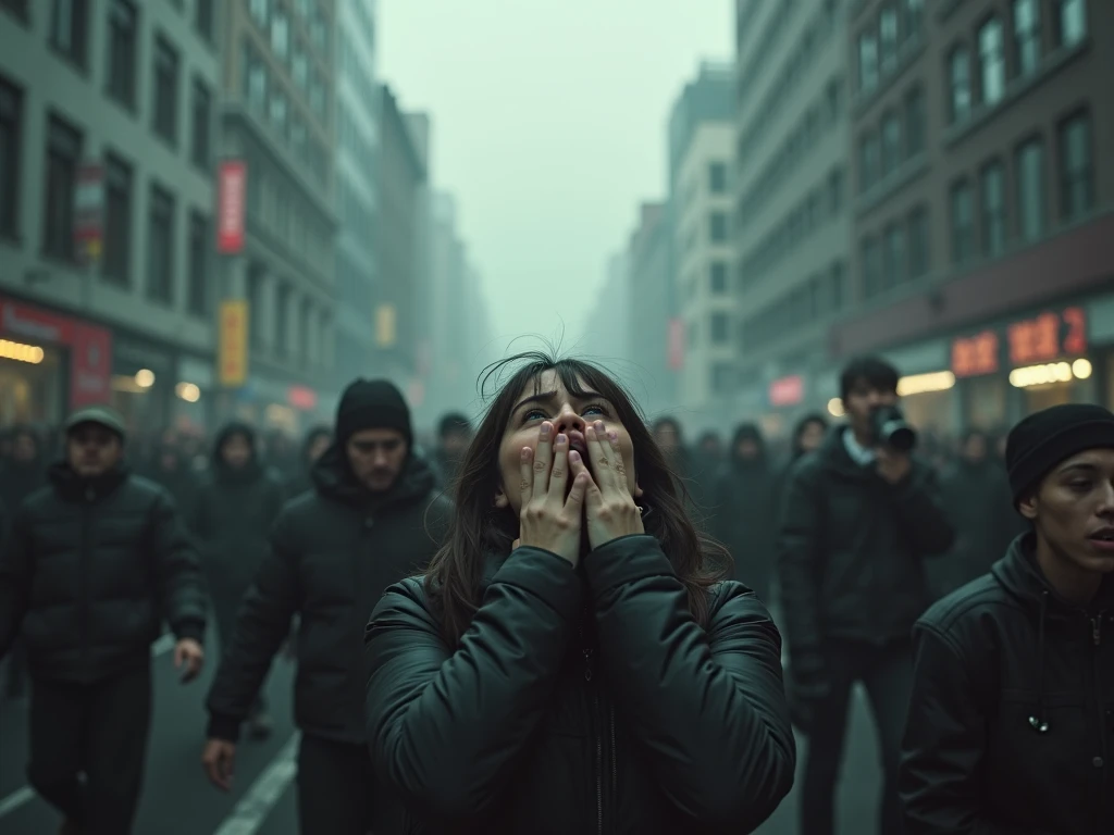 (realistic detailed airbrushed image of a angry crowd screaming at a frail old woman in the middle of a busy city street), outside, outdoors, in the style of dark surrealism, highly detailed, in the style of Lucian Freud, hooded figure surreal, james jean, Francis bacon, greg hildebrandt, mark brooks, greg rutkowski, james gilleard, nicola samori, ilya kuvshinov, wlop, stanley artgerm, very coherent, art by takato yamamoto