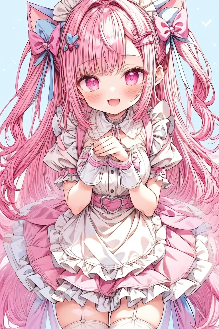 1 girl,solo,sakuna,pink hair,animal ears,maid headdress,thigh highs,puffy short sleeves,cat like ears,dress,apron, white apron,long hair,two side up,light blue bow,hair ornament,puffy sleeves,short sleeves,pink dress,wrist cuffs,pink bow,sakuna,sakunaXL,yuuki sakuna,(masterpiece,best quality,very aesthetic,ultra detailed), (Ultra-detailed, Expressive brilliance,Glitter,Glowing Eyes),Highly detailed eyes,intricate details,pink heart background