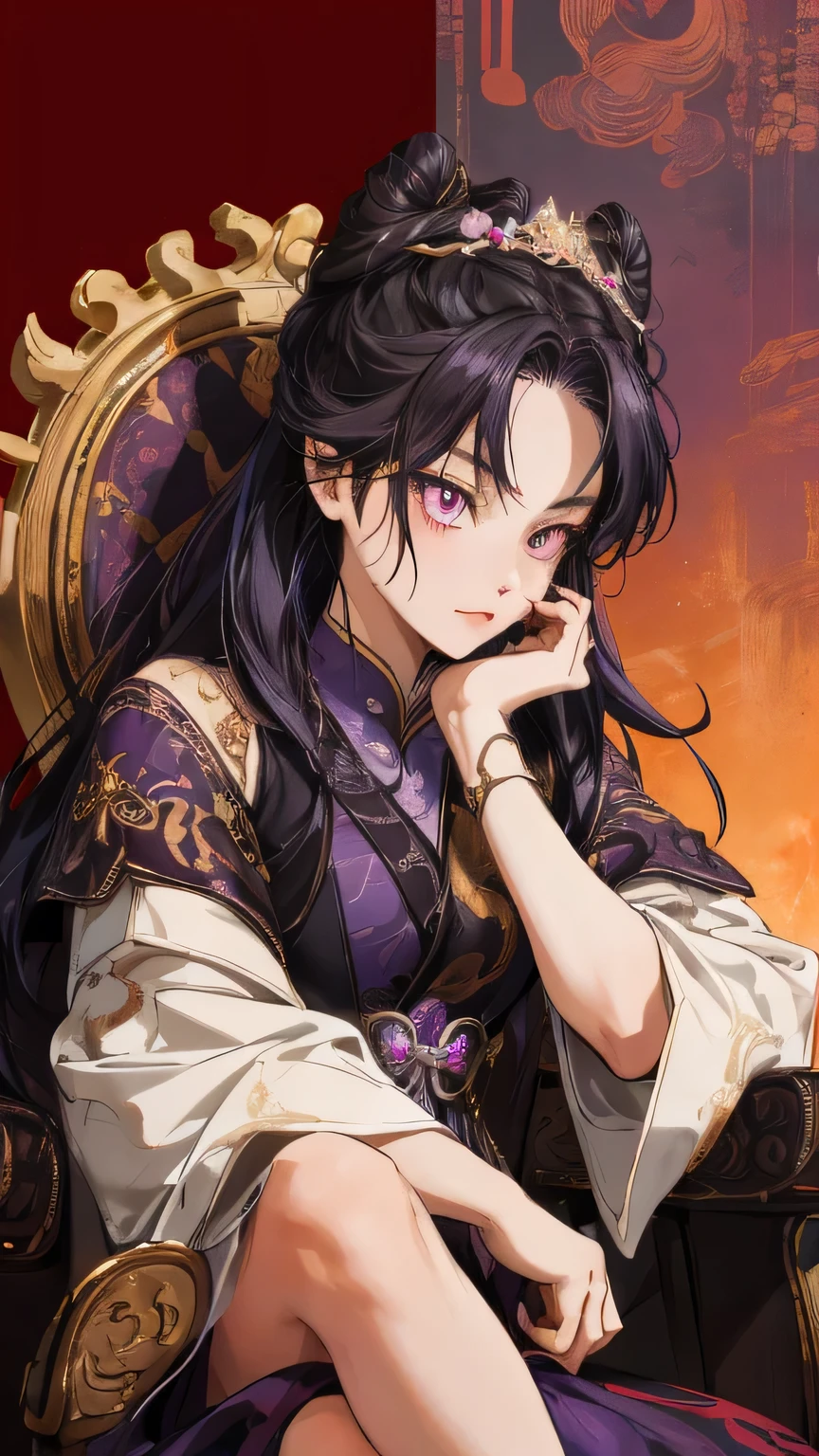 Masterpiece , best quality, 1 Xiao Wu , Face Color Looks Cool , Strong, Golden Left Eye , Red Right Eye , Long hair, Black hair, Firm Eyes , foxy eyes , Front Photo , simple background, purple Background , Anime, illustration, Full body , bun hair , sit on flower throne , full detail , golden hair accessories 