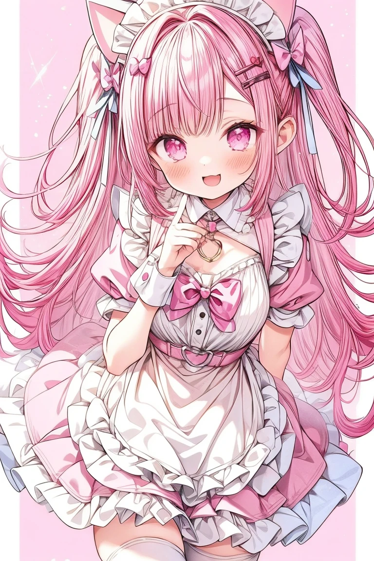 1 girl,solo,sakuna,pink hair,animal ears,maid headdress,thigh highs,puffy short sleeves,cat like ears,dress,apron, white apron,long hair,two side up,light blue bow,hair ornament,puffy sleeves,short sleeves,pink dress,wrist cuffs,pink bow,sakuna,sakunaXL,yuuki sakuna,(masterpiece,best quality,very aesthetic,ultra detailed), (Ultra-detailed, Expressive brilliance,Glitter,Glowing Eyes),Highly detailed eyes,intricate details,pink heart background