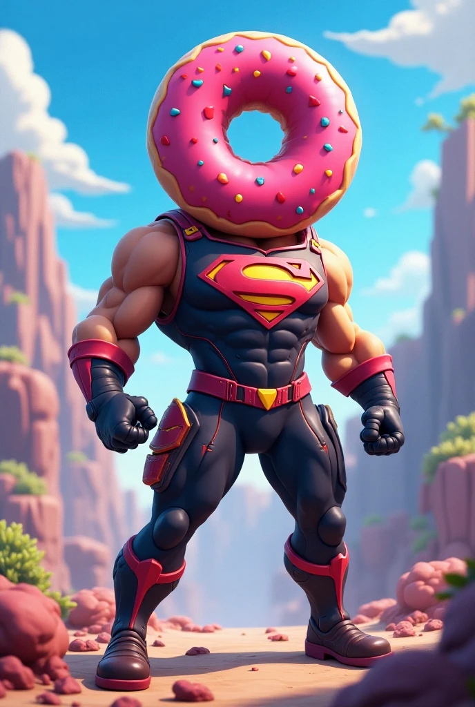 Generate me a character with a donut head and the body of Superman in the Fortnite style