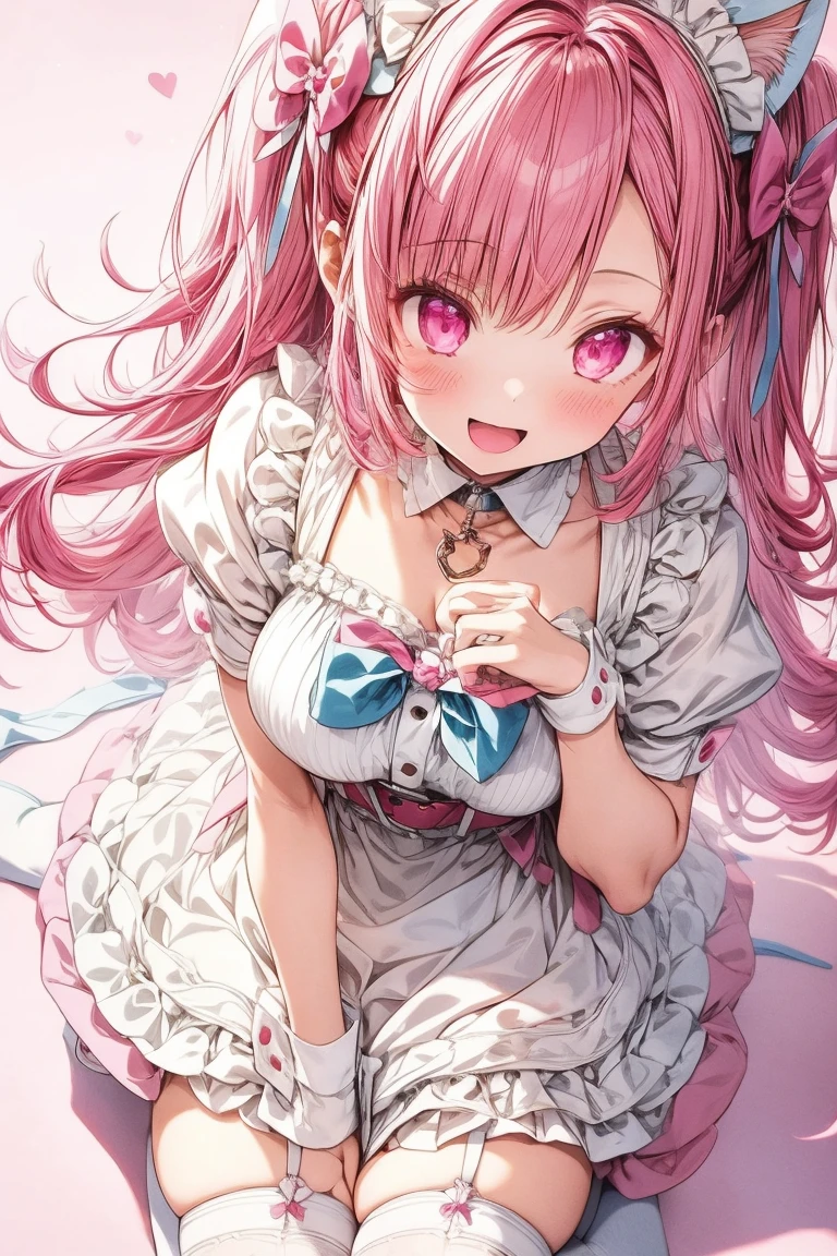 1 girl,solo,sakuna,pink hair,animal ears,maid headdress,thigh highs,puffy short sleeves,cat like ears,dress,apron, white apron,long hair,two side up,light blue bow,hair ornament,puffy sleeves,short sleeves,pink dress,wrist cuffs,pink bow,sakuna,sakunaXL,yuuki sakuna,(masterpiece,best quality,very aesthetic,ultra detailed), (Ultra-detailed, Expressive brilliance,Glitter,Glowing Eyes),Highly detailed eyes,intricate details,pink heart background