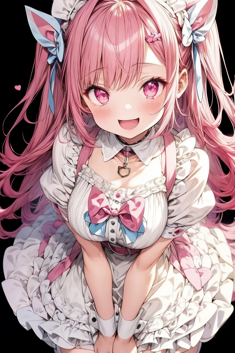 1 girl,solo,sakuna,pink hair,animal ears,maid headdress,thigh highs,puffy short sleeves,cat like ears,dress,apron, white apron,long hair,two side up,light blue bow,hair ornament,puffy sleeves,short sleeves,pink dress,wrist cuffs,pink bow,sakuna,sakunaXL,yuuki sakuna,(masterpiece,best quality,very aesthetic,ultra detailed), (Ultra-detailed, Expressive brilliance,Glitter,Glowing Eyes),Highly detailed eyes,intricate details,pink heart background