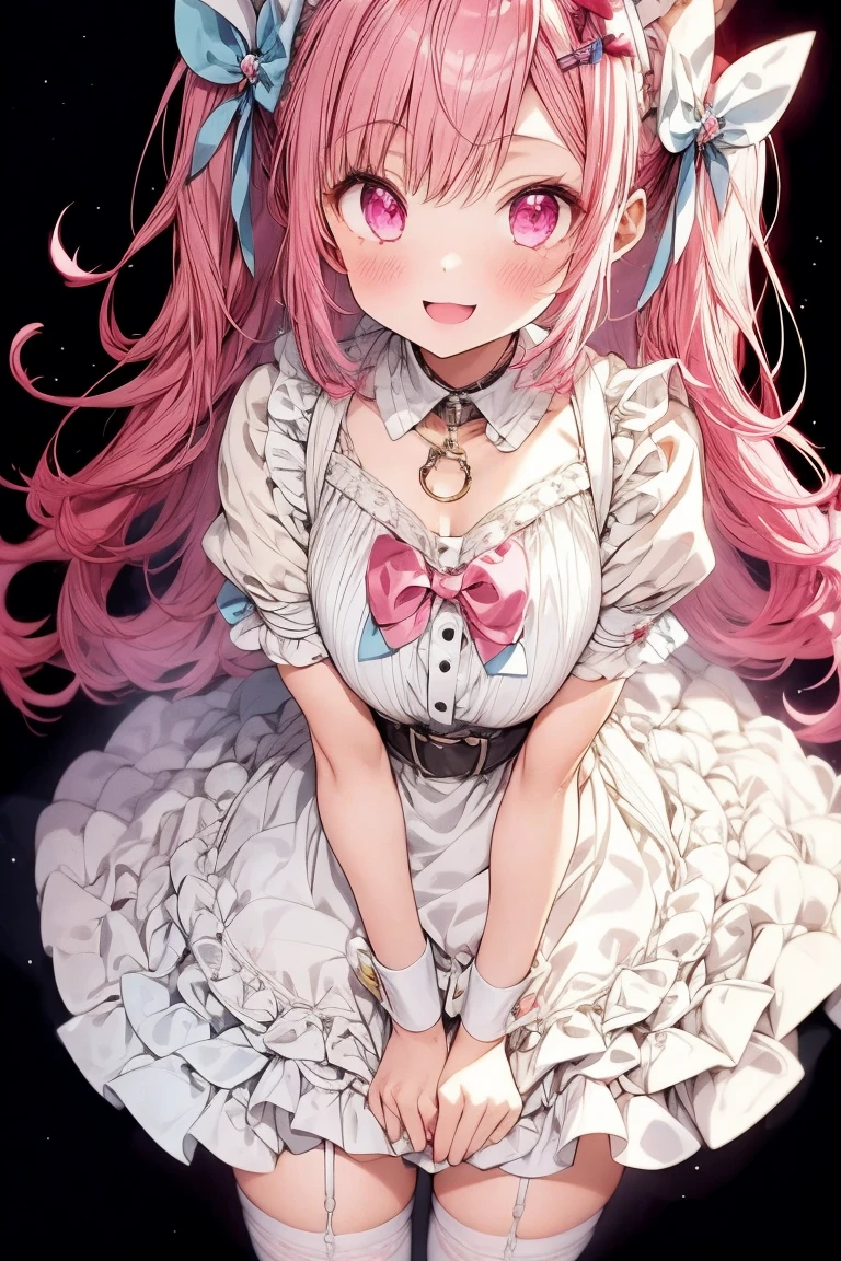 1 girl,solo,sakuna,pink hair,animal ears,maid headdress,thigh highs,puffy short sleeves,cat like ears,dress,apron, white apron,long hair,two side up,light blue bow,hair ornament,puffy sleeves,short sleeves,pink dress,wrist cuffs,pink bow,sakuna,sakunaXL,yuuki sakuna,(masterpiece,best quality,very aesthetic,ultra detailed), (Ultra-detailed, Expressive brilliance,Glitter,Glowing Eyes),Highly detailed eyes,intricate details,pink heart background