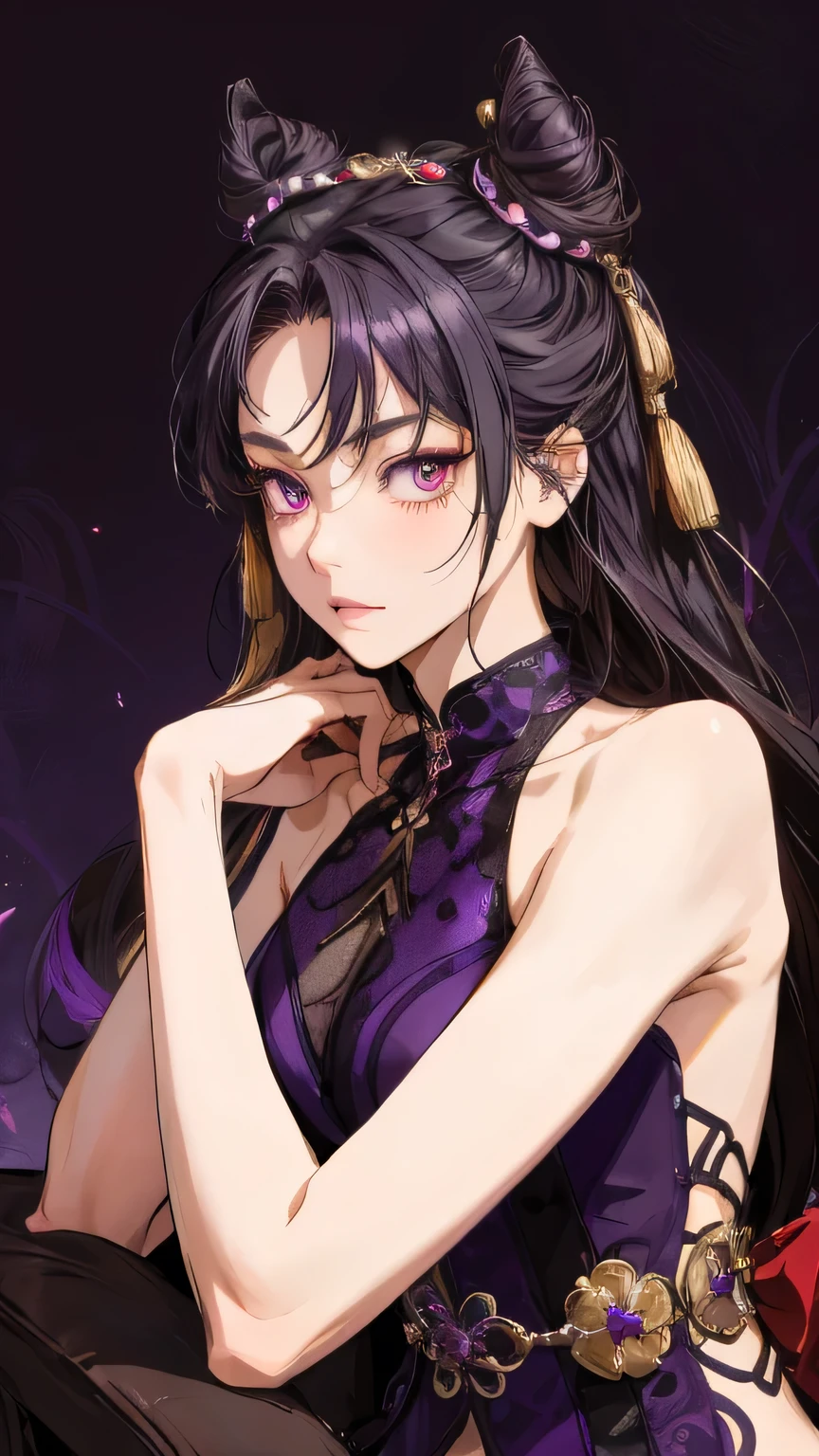 Masterpiece , best quality, 1 Xiao Wu , Face Color Looks Cool , Strong, Golden Left Eye , Red Right Eye , Long hair, Black hair, Firm Eyes , foxy eyes , Front Photo , simple background, purple Background , Anime, illustration, Full body , bun hair , sit on purple garden , full detail , golden hair accessories 