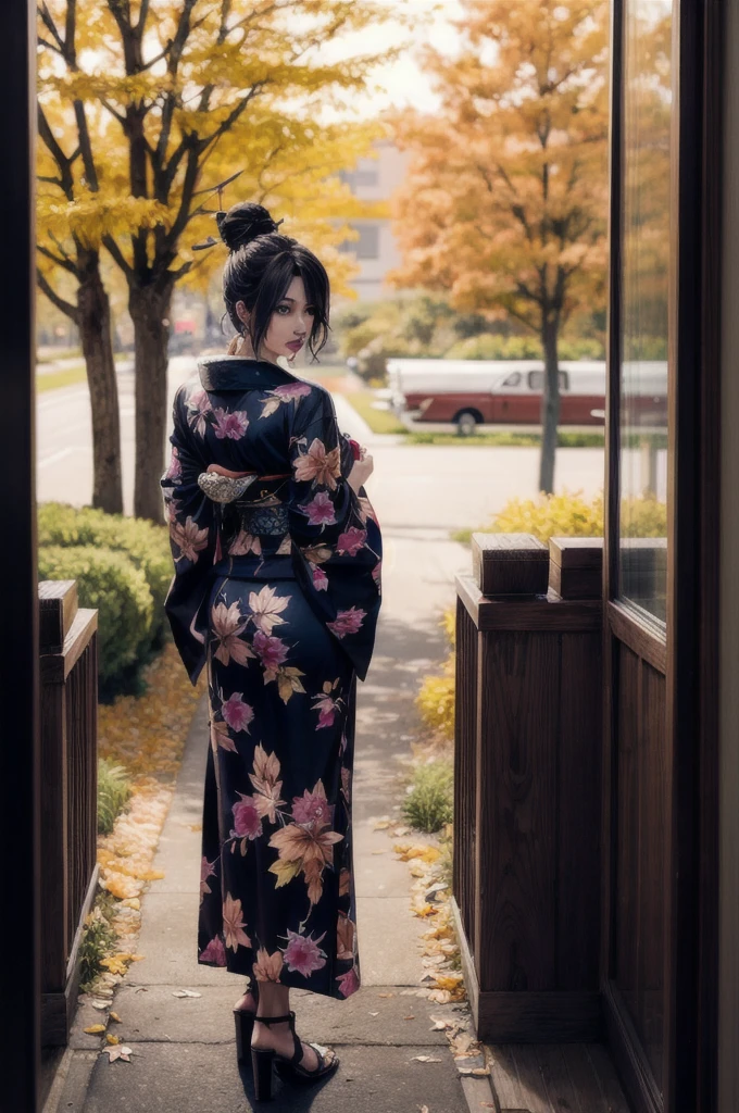 (masterpiece), (best quality), HDR, intricate detail, (lulu_ff10, red eyes, jewelry, mole, purple lipstick, hair bun, fur trim), (edgJF_clothing, wearing edgJF_kimono, autumn setting, autumn trees and leaves), posing, from behind, looking at viewer, inside shady motel, sunset, evening, bokeh, depth of field, UHD, 8k wallpaper 