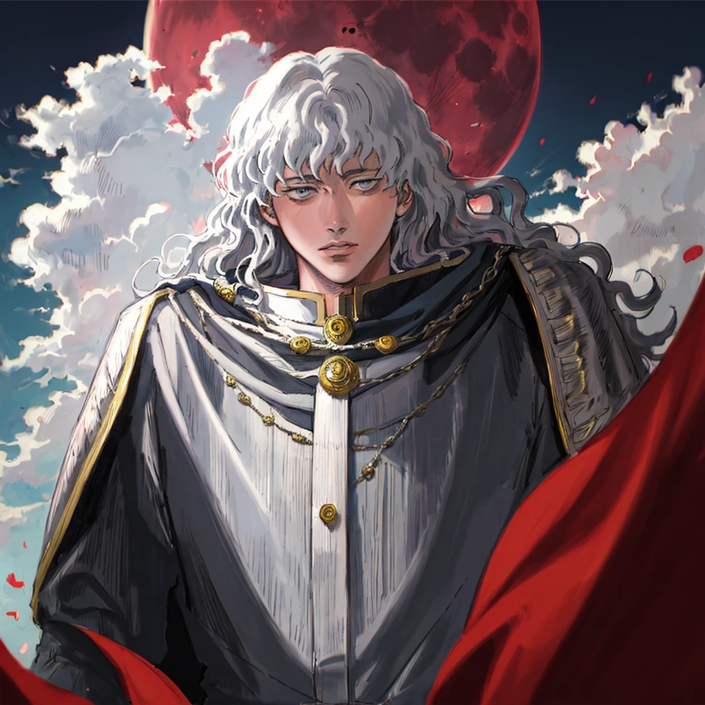 (masterpiece,Best Quality:1.5), Griffith  \( Berserk\), One Boy , blue eyes, Bodysuit , closed mouth,lips,Long Hair,male focus,Alone, wavy hair in front of the station,Gray Hair, close, viewers from below,full moon,cloud, Hi-Res, absurd,This user is alive,(((masterpiece))),((Super detailed)), upper body, close,Red Moon,(Opal Rendering:1.2),(Alone:1.5),(Kentaro Miura:1.2),