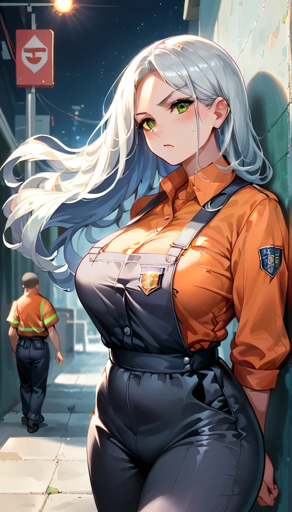(kinako_(shiratama_mochi) style, ((topless)), nsfw, masterpiece, 1 girl, erect nipples, intricately detailed, navel, bare shoulders, white hair, hard hat, construction site, towel on neck, wiping sweat, baggy pants, cargo pants, extremely detailed, bare breasts, puffy nipples, green eyes, bare stomach, sweaty, medium breasts, arm strap, full body, worker boots, holding sledgehammer, mature, chain, soft eyes, smiling, sunlight, day