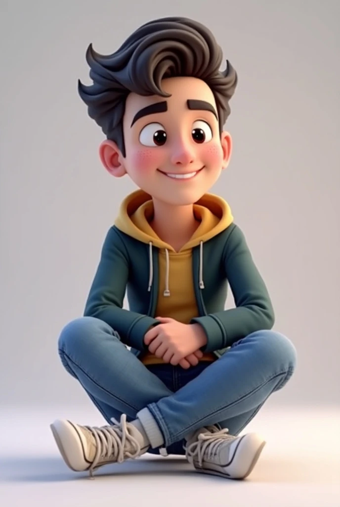 PNg render of a young man sitting at a modern marble desk looking into the camera, the man is wearing a dark hoodie, filmmaker neaon blue background cruffy short black hairn hands on table, clear skin texture, cinematic, warm, soft, lighting, close portrait, smiling, 24MM Lens, F/1.4, Ar 9:16, in the style of a disney pixar character
