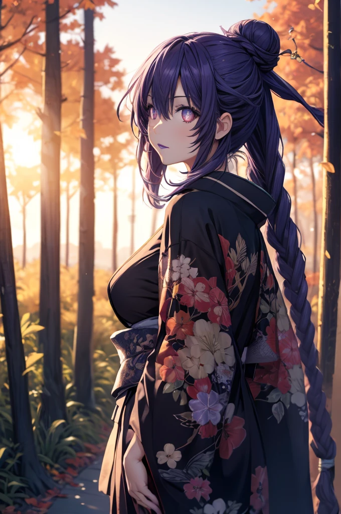 (masterpiece), (best quality), HDR, intricate detail, (lulu_ff10, red eyes, jewelry, mole, purple lipstick, hair bun, fur trim), (edgJF_clothing, wearing edgJF_kimono, autumn setting, autumn trees and leaves), posing, from behind, looking at viewer, inside shady motel, sunset, evening, bokeh, depth of field, UHD, 8k wallpaper 