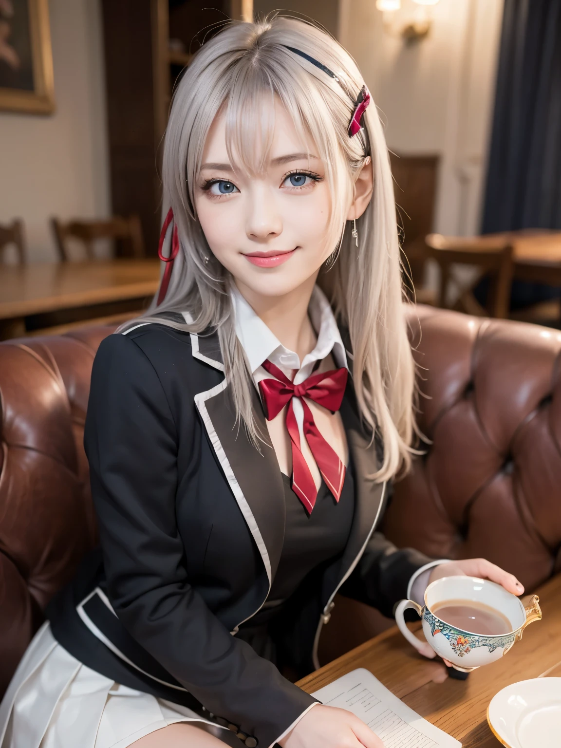 (cute Russian girl), Looking at camera,
break 
(Shot with Canon EOS 5D Mark 4 and Canon EF Lens 85mm F1.2L lens, F value 1.2, ISO 50, shutter speed 64), 
break
(upper body:1.75), (slender body:1.5), sitting on sofa, 
break
(((Smiling while drinking Russian tea from a teacup))),
break
beautiful and fine eyes, perfection, perfection, roll your eyes, detailed face, fine eyes, excellent quality, masterpiece, very detailed, Advanced level of detail, many details, high quality, cinematic light, real hands, (super realistic:1.3), perfect eyes, detailed skin, skin blemish, lip gloss, 
break 
alisa mikhailovna kujou,
break
((long hair, straight hair, sideburns, silver hair, hair ribbon, crossed bangs, ahoge)), blue eyes, slant eyes, long eye lasher, (medium breasts, seductive thighs), slender, outstanding style, 
break
long sleeves, school uniform, white shirt, pleated skirt, collared shirt, open jacket, blazer, red bowtie, grey jacket, pleated dress, white thighhighs, zettai ryouiki,
break
in the Russian Restaurant, 