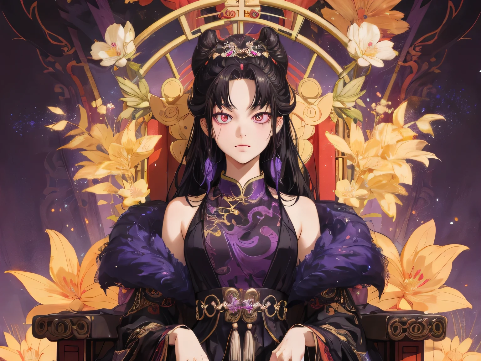 Masterpiece , best quality, 1 Xiao Wu , Face Color Looks Cool , Strong, Golden Left Eye , Red Right Eye , Long hair, Black hair, Firm Eyes , foxy eyes , Front Photo , simple background, purple Background , Anime, illustration, Full body , bun hair , sit on flower chinese throne , full detail , golden hair accessories 