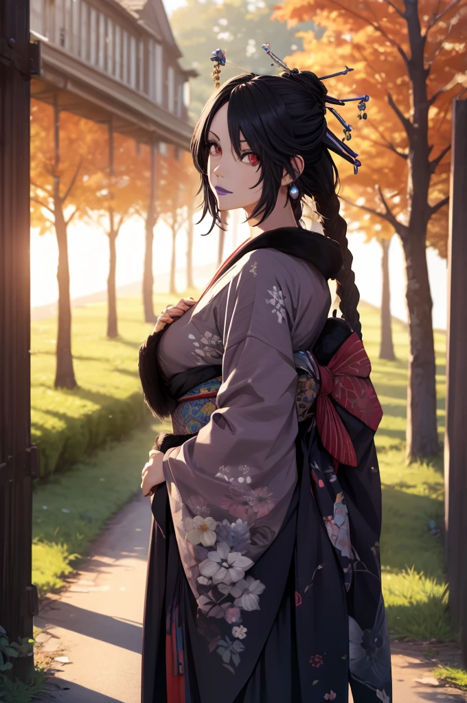 (masterpiece), (best quality), HDR, intricate detail, (lulu_ff10, red eyes, jewelry, mole, purple lipstick, hair bun, fur trim), (edgJF_clothing, wearing edgJF_kimono, autumn setting, autumn trees and leaves), posing, from behind, looking at viewer, inside shady motel, sunset, evening, bokeh, depth of field, UHD, 8k wallpaper 