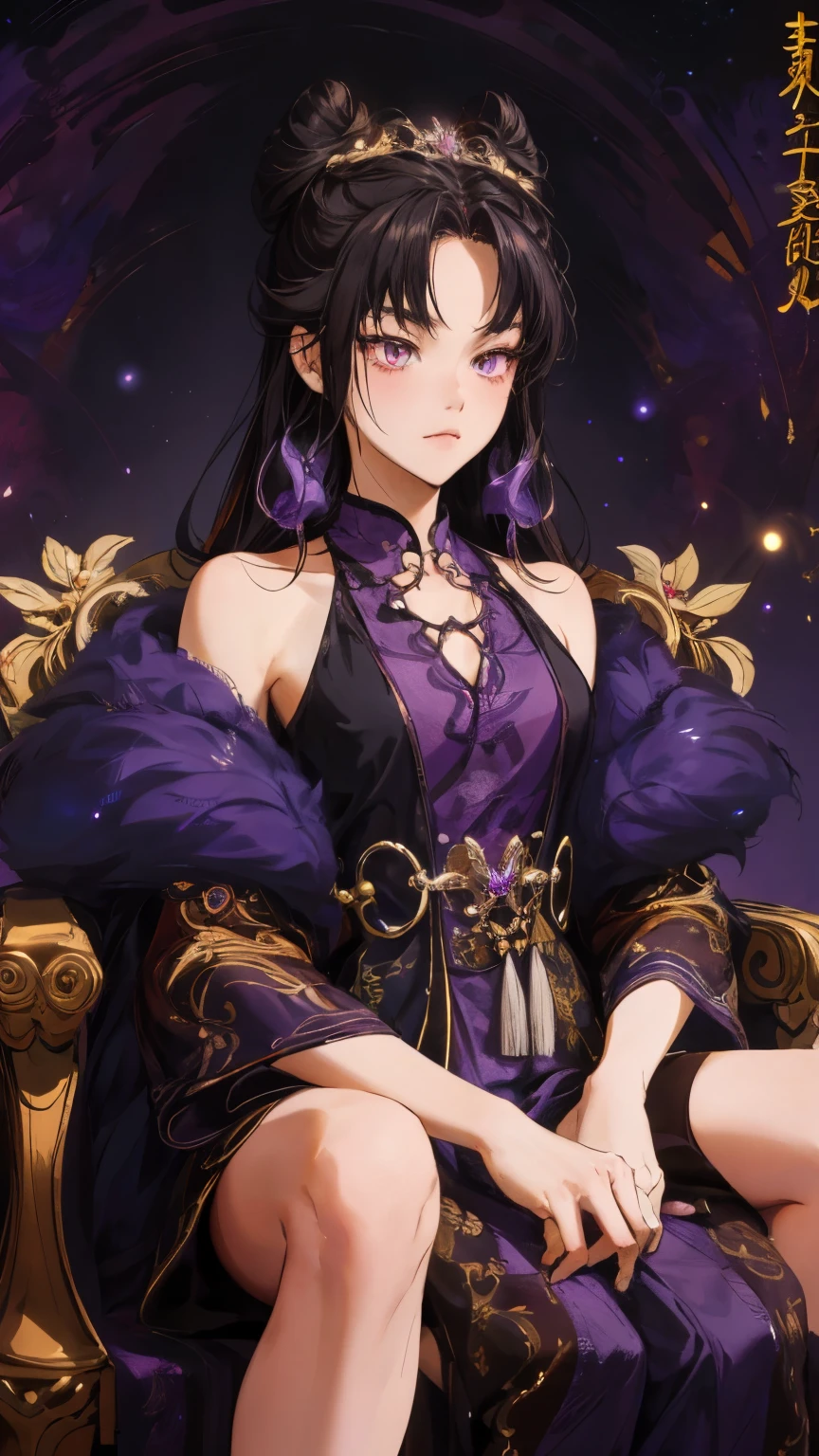 Masterpiece , best quality, 1 Xiao Wu , Face Color Looks Cool , Strong, Golden Left Eye , Red Right Eye , Long hair, Black hair, Firm Eyes , foxy eyes , Front Photo , simple background, purple Background , Anime, illustration, Full body , bun hair , sit on flower throne , full detail , golden hair accessories 