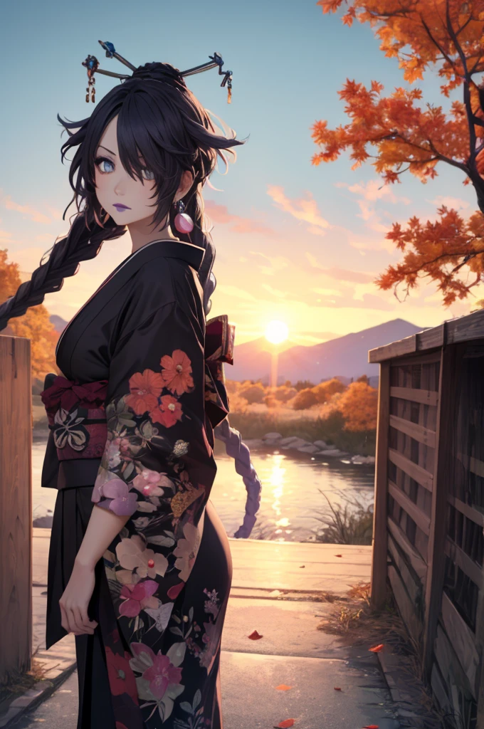 (masterpiece), (best quality), HDR, intricate detail, (lulu_ff10, jewelry, mole, purple lipstick, hair bun, fur trim), (edgJF_clothing, wearing edgJF_kimono, autumn setting, autumn trees and leaves), posing, from behind, looking at viewer, inside shady motel, sunset, evening, bokeh, depth of field, UHD, 8k wallpaper 