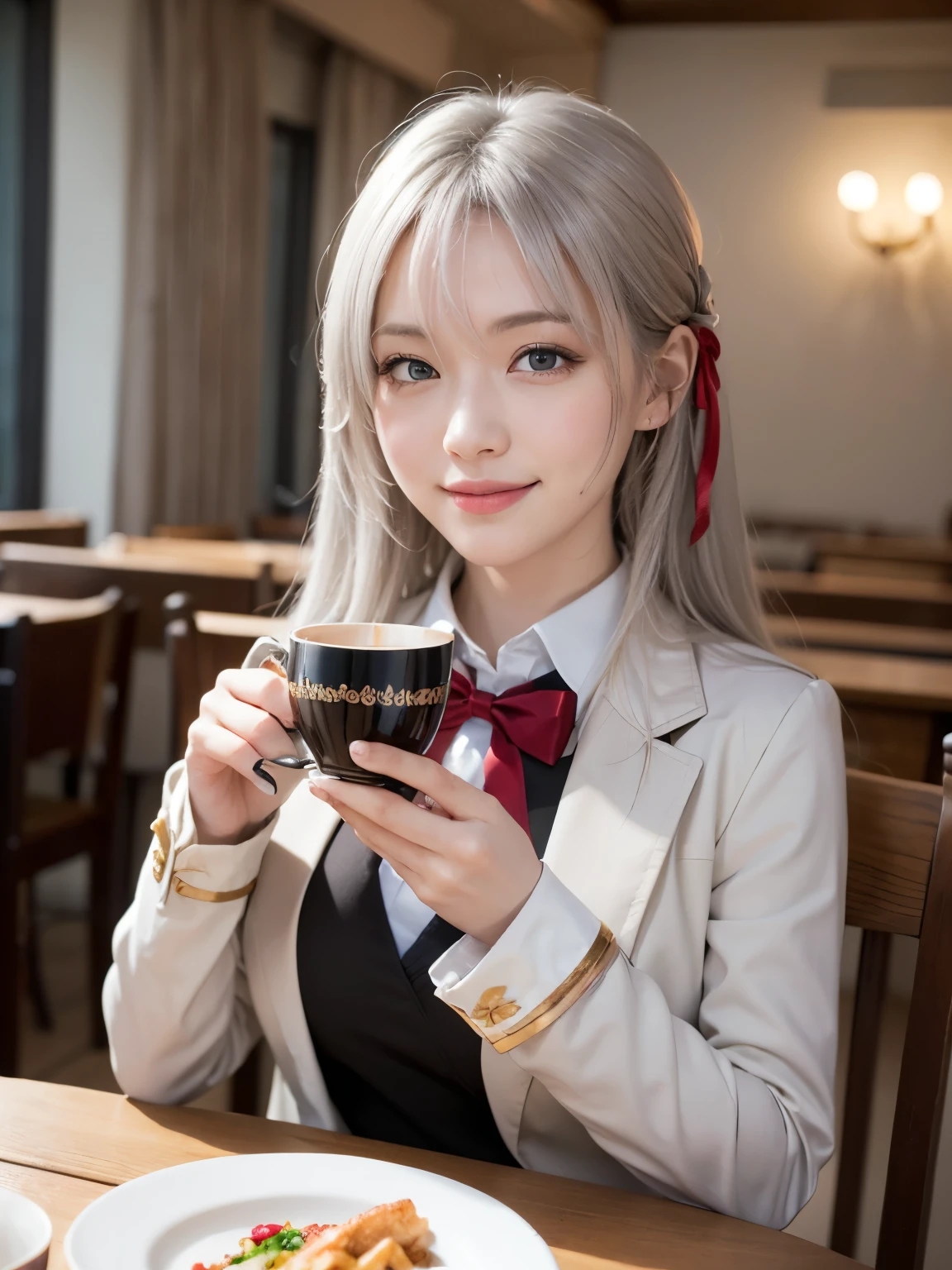 (cute Russian girl), Looking at camera,
break 
(Shot with Canon EOS 5D Mark 4 and Canon EF Lens 85mm F1.2L lens, F value 1.2, ISO 50, shutter speed 64), 
break
(upper body:1.75), (slender body:1.5), sitting on sofa, 
break
(((Smiling while drinking Russian tea from a teacup))),
break
beautiful and fine eyes, perfection, perfection, roll your eyes, detailed face, fine eyes, excellent quality, masterpiece, very detailed, Advanced level of detail, many details, high quality, cinematic light, real hands, (super realistic:1.3), perfect eyes, detailed skin, skin blemish, lip gloss, 
break 
alisa mikhailovna kujou,
break
((long hair, straight hair, sideburns, silver hair, hair ribbon, crossed bangs, ahoge)), blue eyes, slant eyes, long eye lasher, (medium breasts, seductive thighs), slender, outstanding style, 
break
(long sleeves, school uniform, white shirt, pleated skirt, collared shirt, open jacket, blazer), red bowtie, grey jacket, pleated dress, white thighhighs, zettai ryouiki,
break
in the Russian Restaurant, 