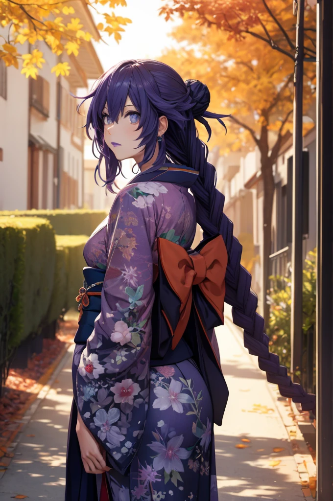 (masterpiece), (best quality), HDR, intricate detail, (lulu_ff10, jewelry, mole, purple lipstick, hair bun, fur trim), (edgJF_clothing, wearing edgJF_kimono, autumn setting, autumn trees and leaves), posing, from behind, looking at viewer, inside shady motel, sunset, evening, bokeh, depth of field, UHD, 8k wallpaper 