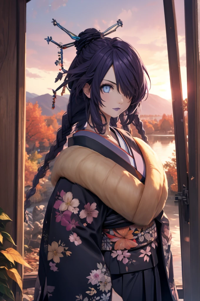 (masterpiece), (best quality), HDR, intricate detail, (lulu_ff10, jewelry, mole, purple lipstick, hair bun, fur trim), (edgJF_clothing, wearing edgJF_kimono, autumn setting, autumn trees and leaves), posing, from behind, looking at viewer, inside shady motel, sunset, evening, bokeh, depth of field, UHD, 8k wallpaper 