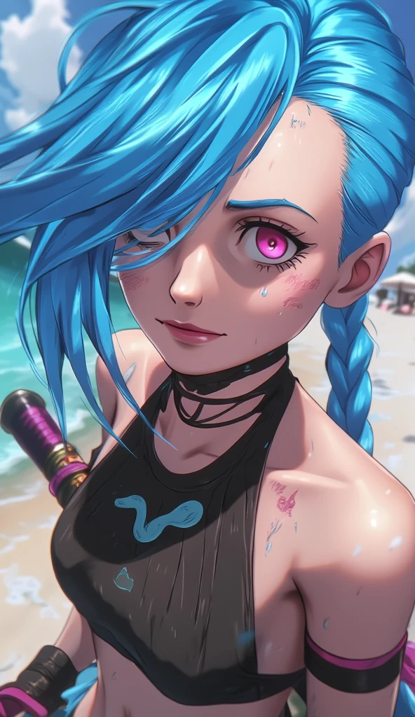  anime style, full body shot of jinx, laying on Beach and making selfie, bikini, low twintails,blue hairstyle, choker,pink eyes, next to her laying huge riffle, anime style