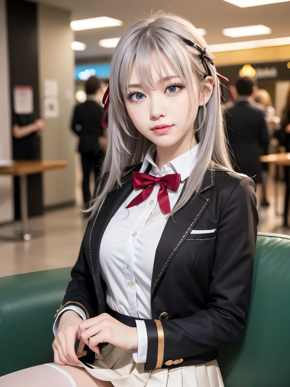 (cute Russian girl), Looking at camera,
break 
(Shot with Canon EOS 5D Mark 4 and Canon EF Lens 85mm F1.2L lens, F value 1.2, ISO 50, shutter speed 64), 
break
(upper body:1.75), (slender body:1.5), sitting on sofa, 
break
evil Smiling,
break
beautiful and fine eyes, perfection, perfection, roll your eyes, detailed face, fine eyes, excellent quality, masterpiece, very detailed, Advanced level of detail, many details, high quality, cinematic light, real hands, (super realistic:1.3), perfect eyes, detailed skin, skin blemish, lip gloss, 
break 
alisa mikhailovna kujou,
break
((long hair, straight hair, sideburns, silver hair, hair ribbon, crossed bangs, ahoge)), blue eyes, slant eyes, long eye lasher, (medium breasts, seductive thighs), slender, outstanding style, 
break
(long sleeves, school uniform, white shirt, pleated skirt, collared shirt, open jacket, blazer), red bowtie, grey jacket, pleated dress, white thighhighs, zettai ryouiki,
break
in the shopping mall,