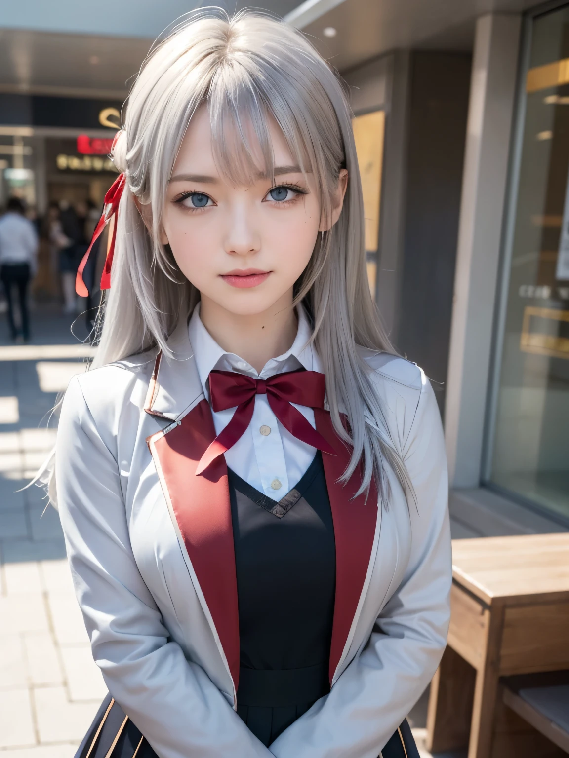 (cute Russian girl), Looking at camera,
break 
(Shot with Canon EOS 5D Mark 4 and Canon EF Lens 85mm F1.2L lens, F value 1.2, ISO 50, shutter speed 64), 
break
(upper body:1.75), (slender body:1.5), evil Smiling,
break
beautiful and fine eyes, perfection, perfection, roll your eyes, detailed face, fine eyes, excellent quality, masterpiece, very detailed, Advanced level of detail, many details, high quality, cinematic light, real hands, (super realistic:1.3), perfect eyes, detailed skin, skin blemish, lip gloss, 
break 
alisa mikhailovna kujou,
break
((long hair, straight hair, sideburns, silver hair, hair ribbon, crossed bangs, ahoge)), blue eyes, slant eyes, long eye lasher, (medium breasts, seductive thighs), slender, outstanding style, 
break
(long sleeves, school uniform, white shirt, pleated skirt, collared shirt, open jacket, blazer), red bowtie, grey jacket, pleated dress, white thighhighs, zettai ryouiki,
break
in the shopping mall,