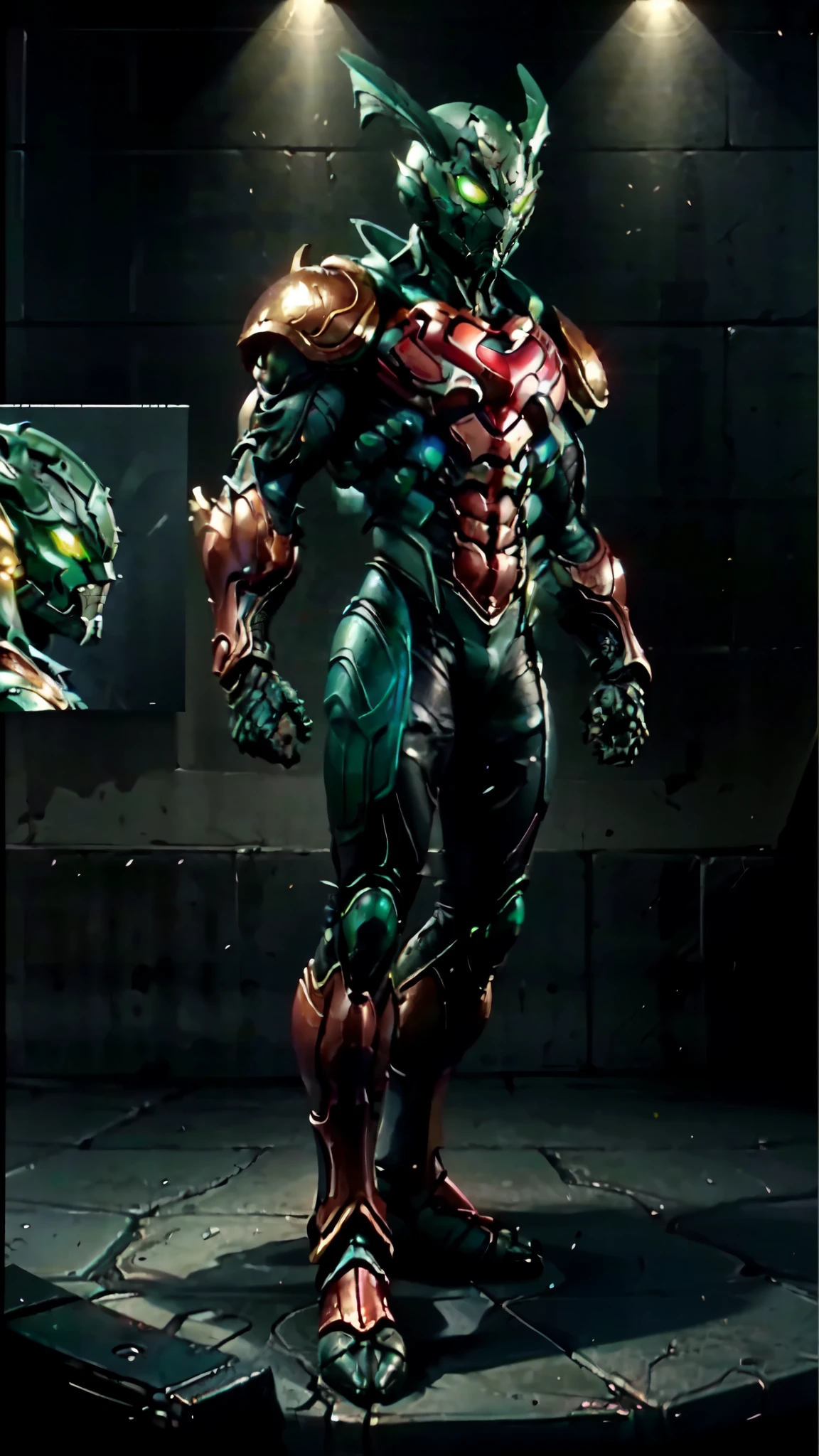 (masterpiece:1.5, best quality:1.5, extremely delicate:1.5), ((male:1.5)), a man wearing a full-face helmet, green eyes, fantasy-style high-tech biomimetic armored combat suit, (a composite layered chest armor), the design balances heavy with agility, fully enclosed shoulder guards, matching arm and leg guards, a belt of gemstone, (the color scheme is primarily Scarlet with White and Green accents, Organic Biotech, Concept Inspired by Superman, glowing eyes, armor glows, stand of a futuristic sci-fi city), this character embodies a finely crafted fantasy-style armored hero in anime style, exquisite and mature art style, metallic, high definition, highres, ultra-detailed, ultra-fine painting, professional, perfect body proportions, golden ratio, anatomically correct, symmetrical face, extremely detailed eyes and face, high quality eyes, creativity, RAW photo, UHD, 32k, Natural light, cinematic lighting, masterpiece-anatomy-perfect