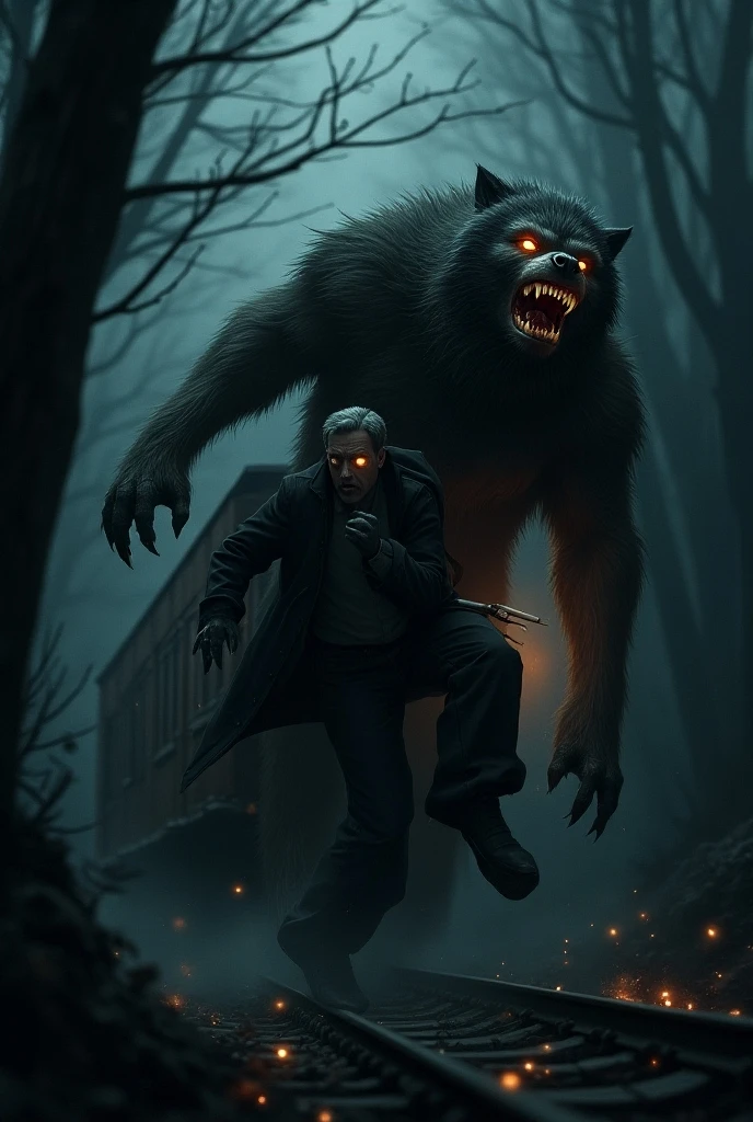 Create art in the style of a vintage poster, old movie posters, from the next scene: when the man approached the sidewalk, a colossal figure emerged from the shadows, advancing towards him with terrifying speed. It was a werewolf. His body was a grotesque mixture of man and wolf., a mass of torn and twisted flesh, covered in a shaggy black coat that seemed to absorb the little light that the night offered.