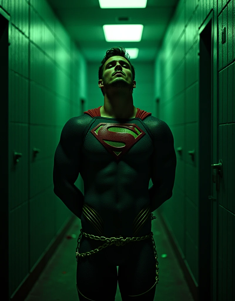 (Nicholas Alexander Chavez in a Superman suit:1.8), (Superman suit Torn:1.8), Ripped, Man in Tight Superman suit, with his mouth slightly open and his eyes closed, (((Muscular, Fit, Nicholas Alexander Chavez in a Superman suit))), (Bloodstain on Cheek and lips), Wearing a Superman suit, (((Big Arms, Toned Chest, Muscular, ))), (((Ripped Six-Pack))), (((Body Tied with green glowing chains))), (((short beard, Short-Haired Man))), (((Muscular thighs, Big Torso))), (((Handsome, Fit Body))), ((Short Hairstyle))), Kneeling with pain expression, (((Arms Behind Back))), The scene is bathed in a jail