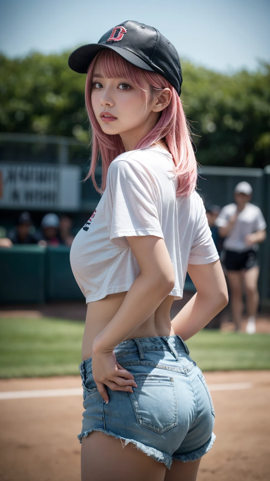 21yo girl,pink hair,long hair, wearing oversize white t-shirt, hot pants, wearing a baseball cap, natural big breast, show big thigh, plump body, holding a wooden baseball bat over her shoulder. single sidelock hairpin blush modern cinematic lighting,ray tracing,drop shadow wide shot UHD,textured skin,high details,best quality 4K, (from below:1.2), (realistic:1.1), (surreal:1.2), (very detailed:1.1)