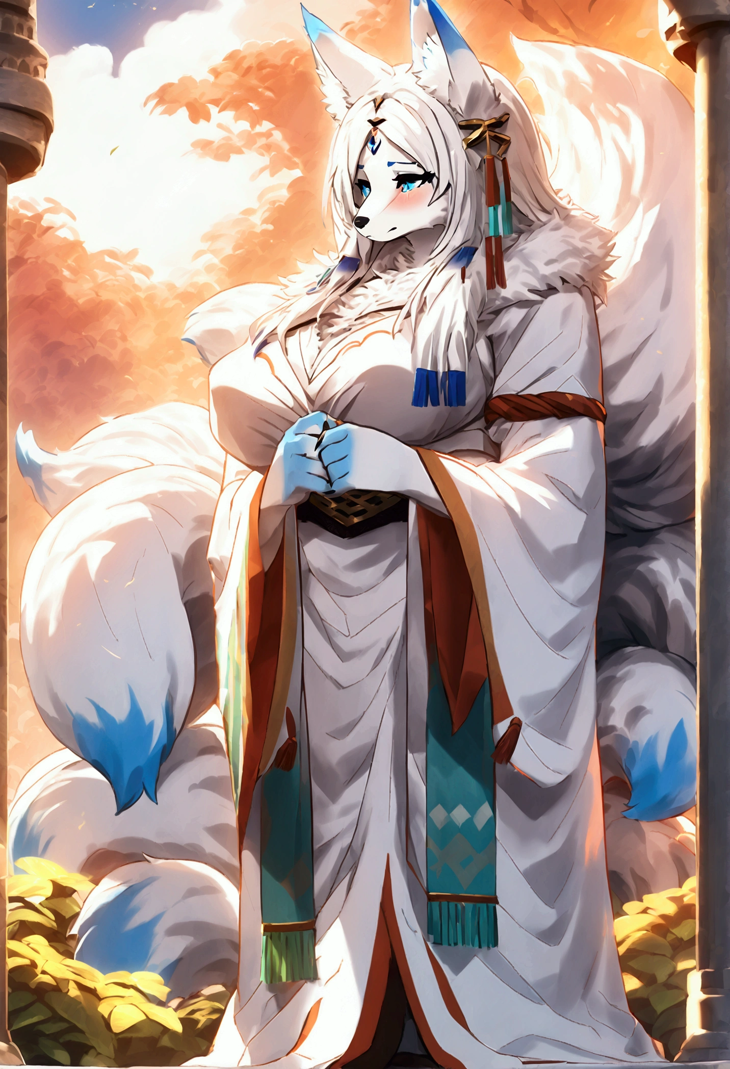 (top quality, best quality, Bogexboog, High-quality illustrations, masterpiece, perfect artwork, cinematic light and shading, 16k, 1080p, uploaded on e621)(kemono, furry, anthro, alone), 1 female, (very detailed body, face, tail, arms, hands, legs, head and eyes), white fox, Yukime, (The Eminence in Shadow), hunter body, big breasts, white fur, fluffy, fluffy nine tails, white fox ears, blue inner ears, white fox hair, perfect eyes, blue eyes, black pupils, beautiful white dress, beautiful legwear, beautiful shrine garden, body movement, body twitching, red blushing, shy, protective behavior, full body view