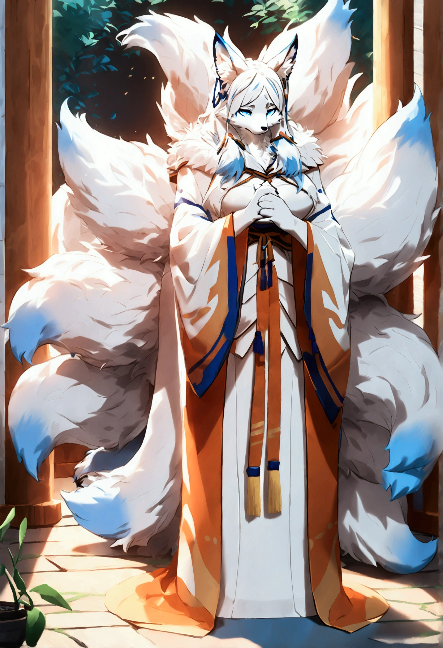 (top quality, best quality, Bogexboog, High-quality illustrations, masterpiece, perfect artwork, cinematic light and shading, 16k, 1080p, uploaded on e621)(kemono, furry, anthro, alone), 1 female, (very detailed body, face, tail, arms, hands, legs, head and eyes), white fox, Yukime, (The Eminence in Shadow), hunter body, big breasts, white fur, fluffy, fluffy nine tails, white fox ears, blue inner ears, white fox hair, perfect eyes, blue eyes, black pupils, beautiful white dress, beautiful legwear, beautiful shrine garden, body movement, body twitching, red blushing, shy, protective behavior, full body view