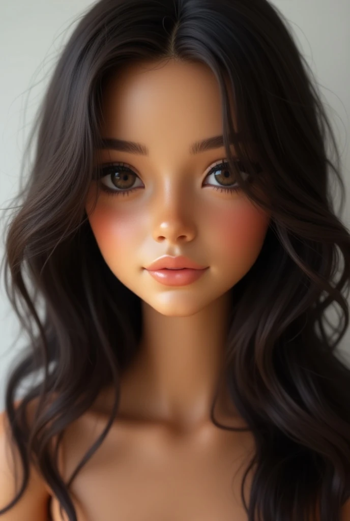 Cute girl realistic short stature, breast size average ,bare chest ,brown-haired girl with long curly hair