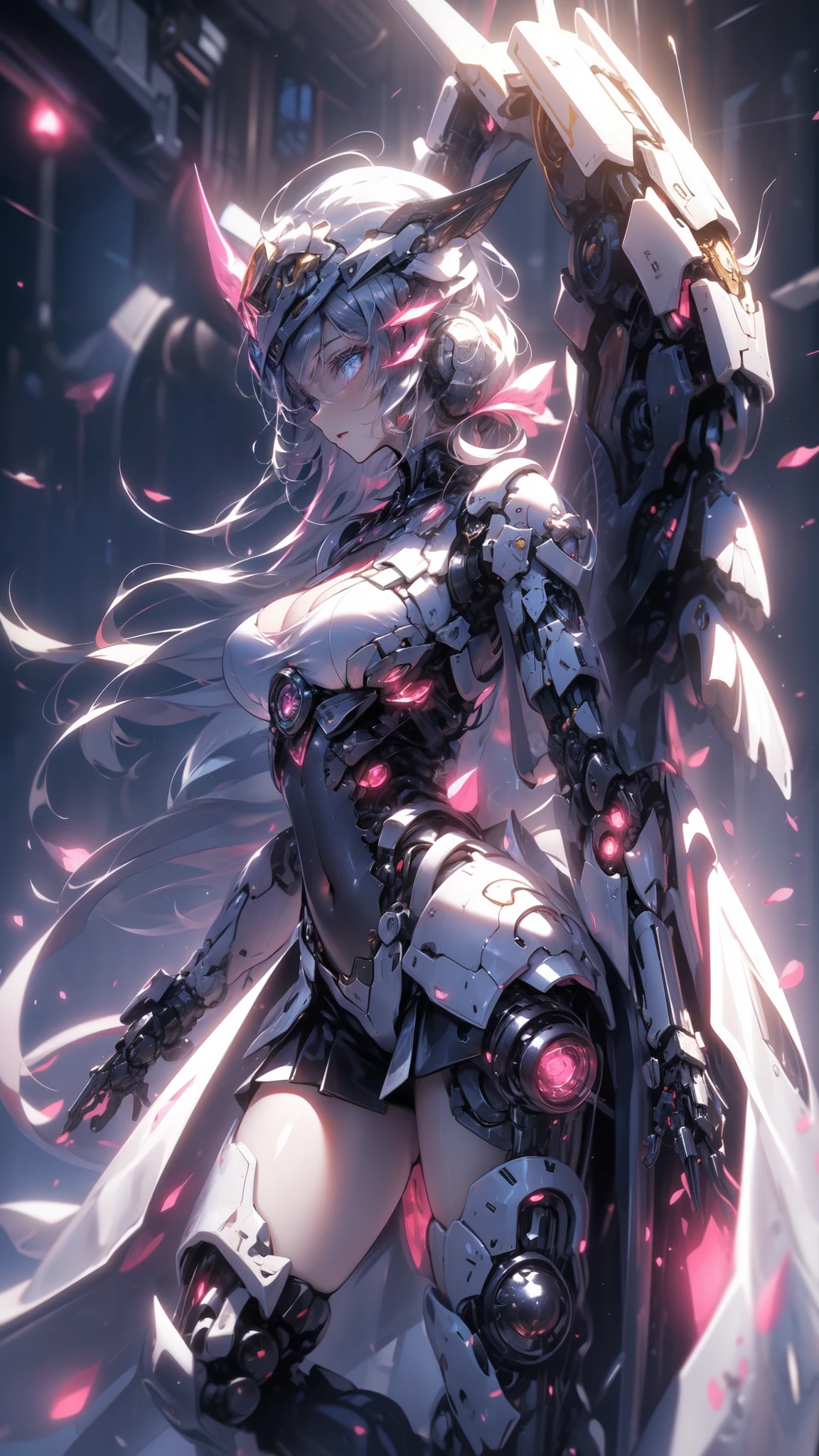 Real、high resolution、8K、The Strike Freedom Gundam stands in space emitting pink light particles.、Particles of light surround the aircraft、Facing the camera、Giant humanoid robot、