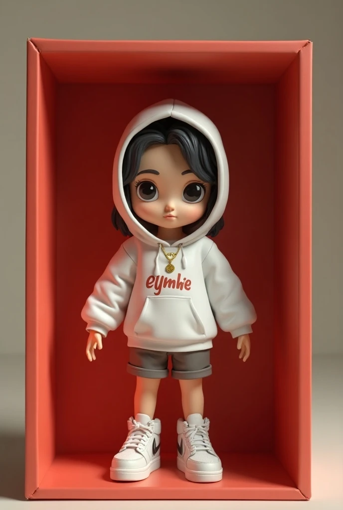 Personaje femenino con cabello negro liso audífonos blancos ojos chinos negro piel blanca lentes negros camisa negra que diga I ❤️ david , black and green plush white tennis shoes and black socks and black shorts