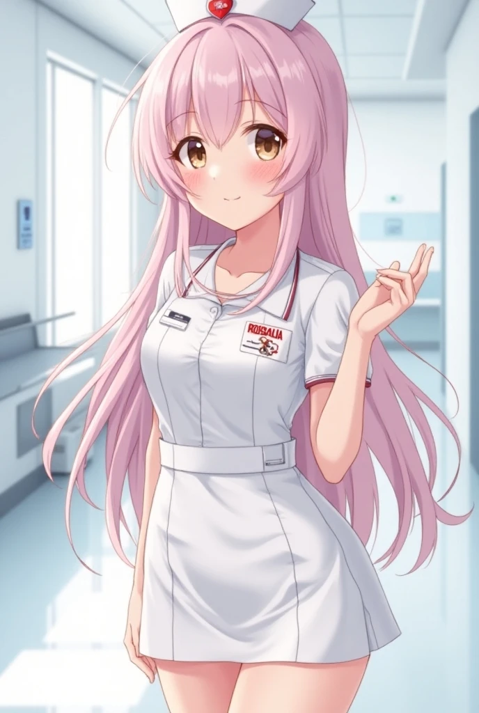 1girl, solo, nurse, white nurse cap, white nurse uniform, ((white legwear, zettai ryouiki)), white gloves, pink hair, green eyes, drooping eyes, smile, standing, ((hospital room)), sharp outline, short sleeves, best quality, masterpiece
