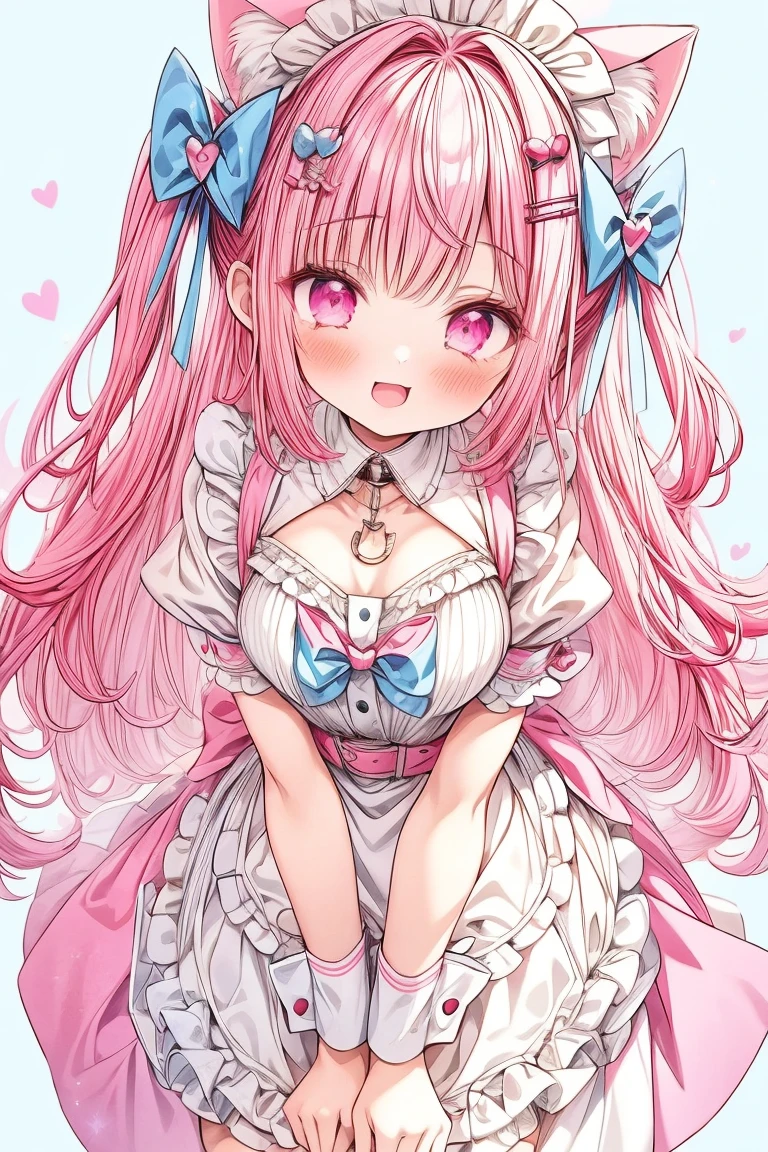 1 girl,solo,sakuna,pink hair,animal ears,maid headdress,thigh highs,puffy short sleeves,cat like ears,dress,apron, white apron,long hair,two side up,light blue bow,hair ornament,puffy sleeves,short sleeves,pink dress,wrist cuffs,pink bow,sakuna,sakunaXL,yuuki sakuna,(masterpiece,best quality,very aesthetic,ultra detailed), (Ultra-detailed, Expressive brilliance,Glitter,Glowing Eyes),Highly detailed eyes,intricate details,pink heart background