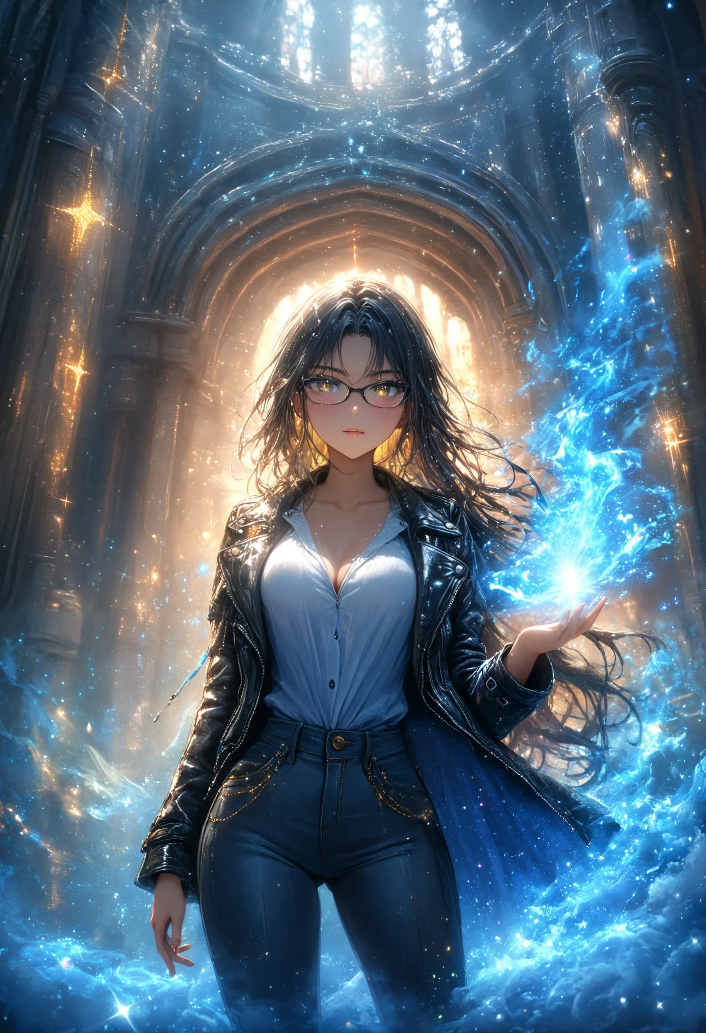 anime,  woman , Clothing Top,  leather jacket, Black Glasses, Down Pants ,  Sneakers Bright Yellow ,  ulybka, Shine,  perfect anatomy,  Background Mirror Room with Arch, Beautiful shine, magic,  Shiny Misty Smoke , It sparkles, hkmagic,  Complex Details , 8 k, masterpiece,  Maximum Quality , bright colors,  best quality,  Magic Extravaganza ,