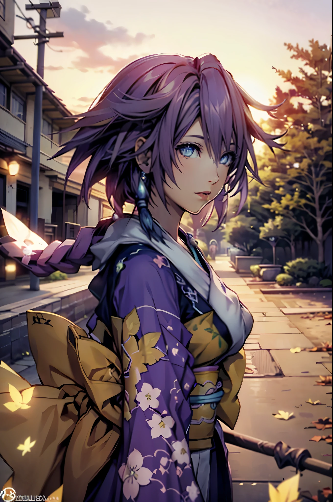 (masterpiece), (best quality), HDR, intricate detail, (lulu_ff10, jewelry, mole, purple lipstick, hair bun, fur trim), (edgJF_clothing, wearing edgJF_kimono, autumn setting, autumn trees and leaves), posing, from behind, looking at viewer, inside shady motel, sunset, evening, bokeh, depth of field, UHD, 8k wallpaper cosplay de lulu final fantasy X