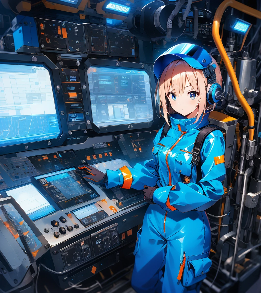 Girl wearing gloves in a blue enamel shiny boiler suit,The background is complex and precise machinery and equipment、 control panel